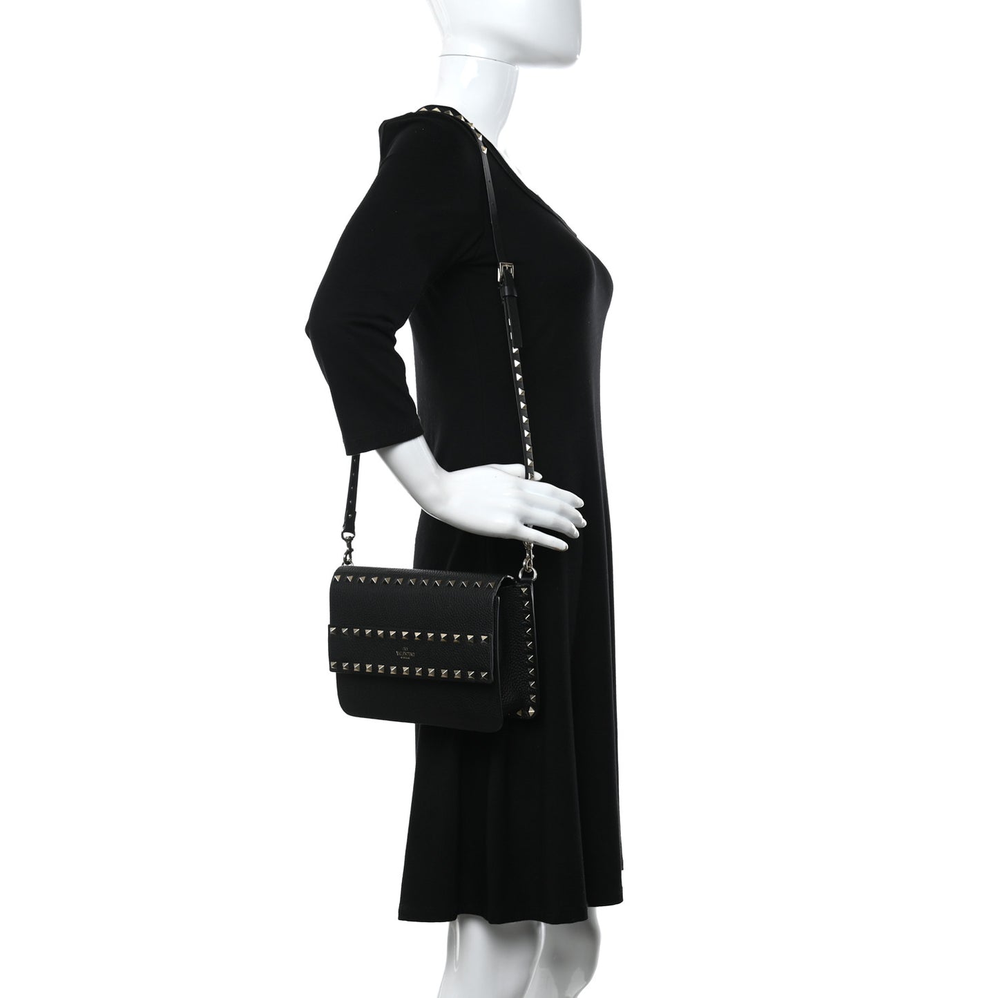 Pebbled Calfskin Rockstud Side Slip Crossbody Black