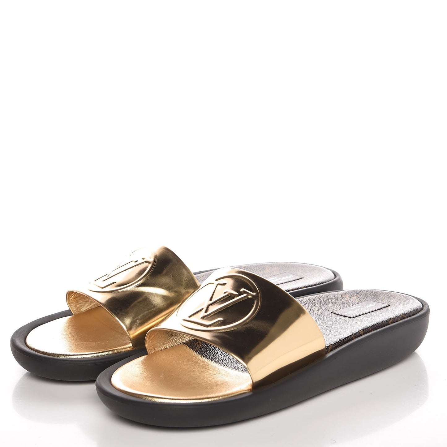 Calfskin Monogram Metallic Sunbath Slide Sandals 40 Gold
