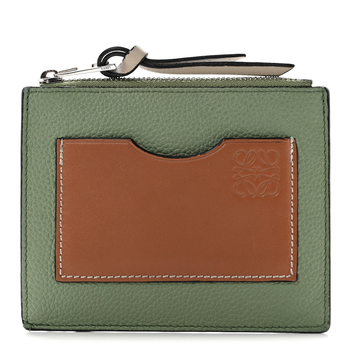 Soft Grained Calfskin Zip Coin Card Holder Rosemary Tan