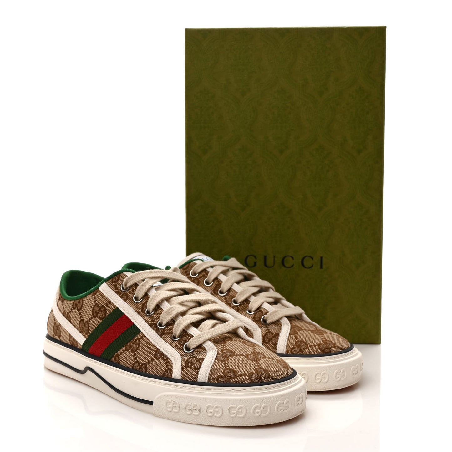 GG Monogram Web Womens 1977 Tennis Sneakers 38 Beige Ebony Mystic White