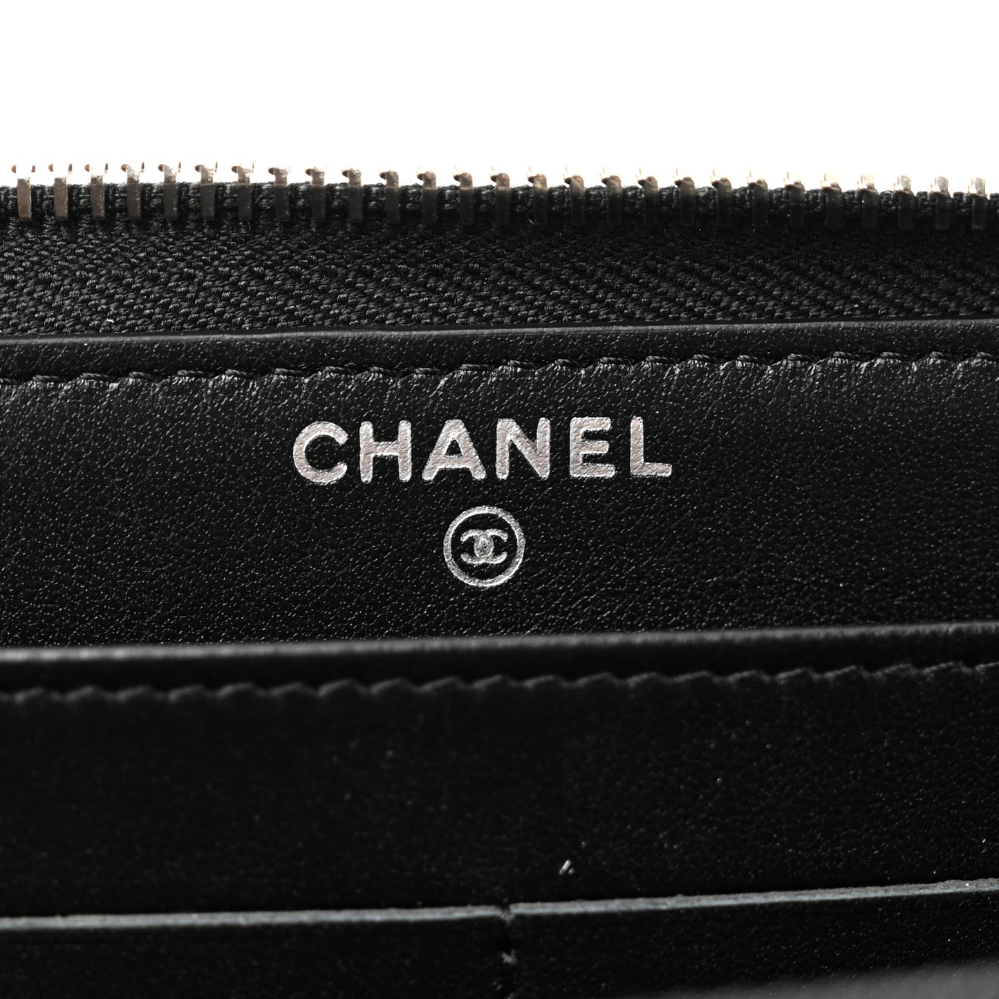 Iridescent Lambskin Camellia Embossed Large Zip Around Gusset Wallet Black