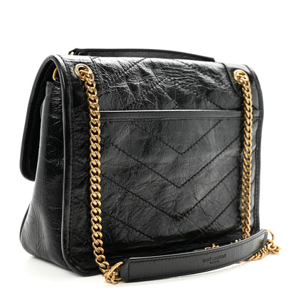 Saint Laurent Crinkled Calfskin Matelasse Monogram Baby Niki Chain Satchel Black 3 of 9