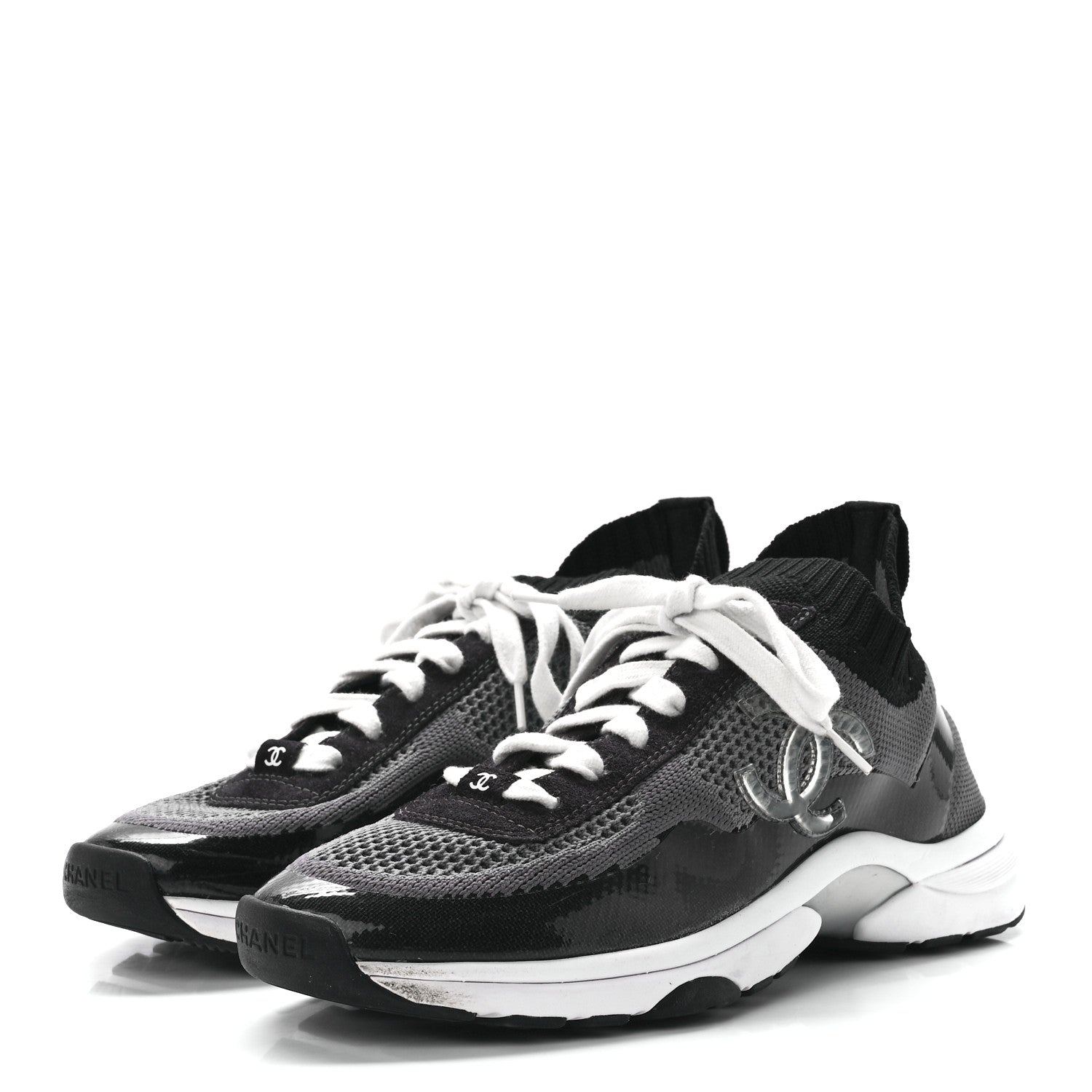 Chanel Fabric Suede Calfskin Stretch CC Sneakers 39 Black Grey 3 of 8