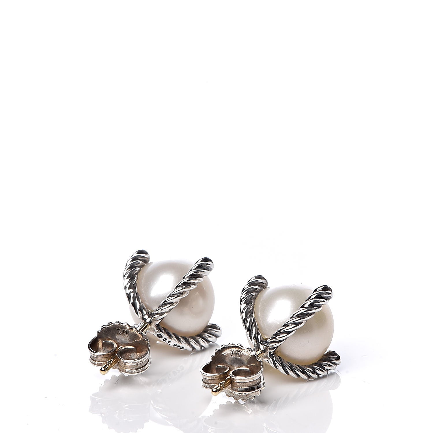David Yurman Sterling Silver Diamond Pearl 9.5mm Earrings 3 of 4