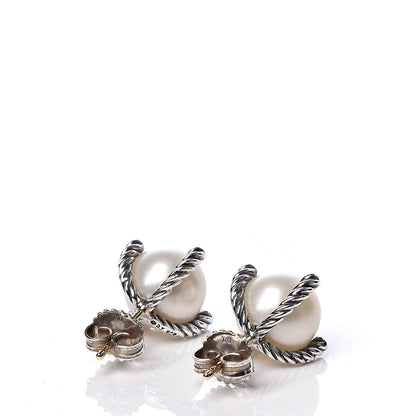 David Yurman Sterling Silver Diamond Pearl 9.5mm Earrings 3 of 4