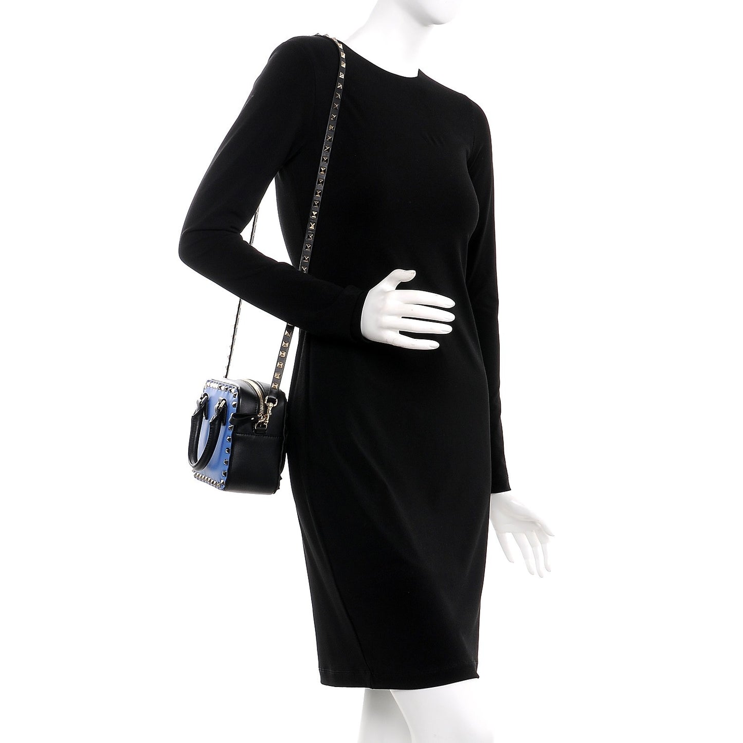 Calfskin Rockstud Top Handle Camera Crossbody Bag Blue Black