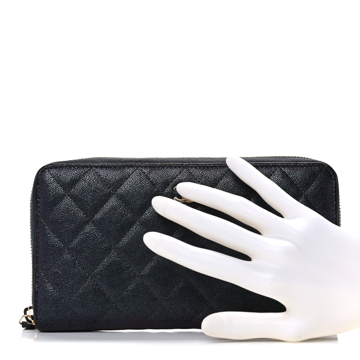 Iridescent Caviar Quilted Long Zip Around Wallet Black