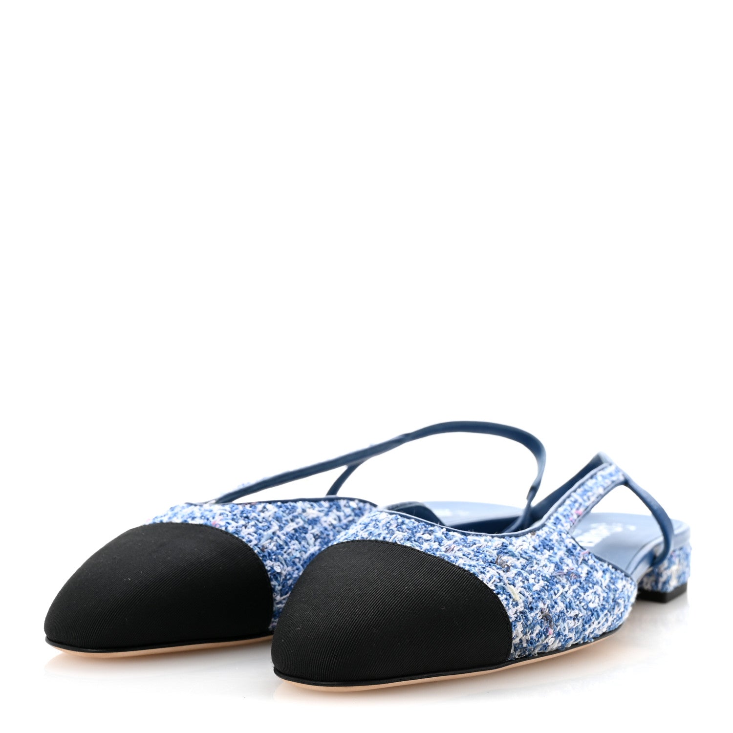 Chanel Tweed Grosgrain Cap Toe Slingback Flats 41 Blue White Black 4 of 9