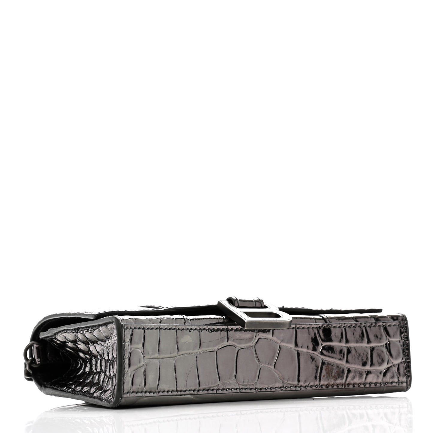 Shiny Metallic Calfskin Crocodile Embossed Hourglass Chain Bag Gunmetal
