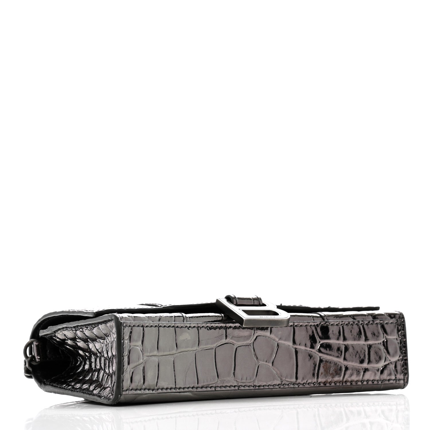 Balenciaga Shiny Metallic Calfskin Crocodile Embossed Hourglass Chain Bag Gunmetal 4 of 12