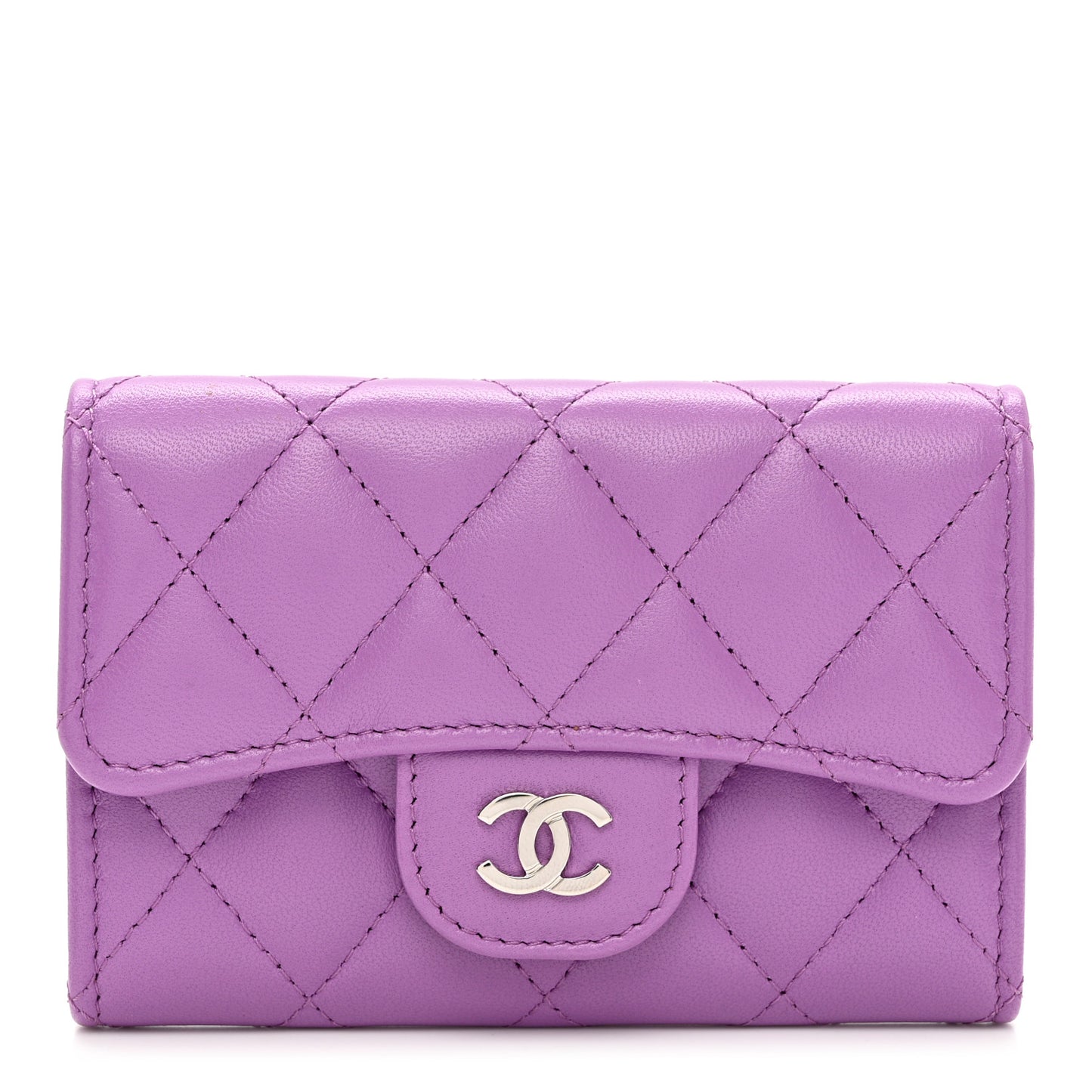 Lambskin Quilted Flap Card Holder Wallet Purple