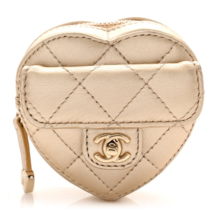 Chanel Metallic Lambskin Quilted CC In Love Heart Zipped Arm Coin Purse Gold 1 of 7