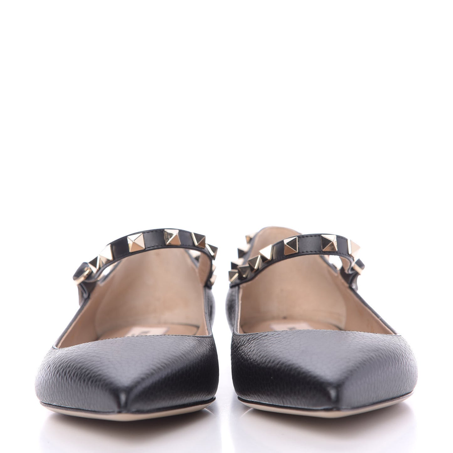 Pebbled Calfskin Rockstud Ankle Strap Ballerina Flats 36 Black