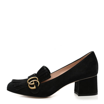 Gucci Kid Scamosciato GG Marmont Fringe 50mm Loafer Pumps 39.5 Black 1 of 11