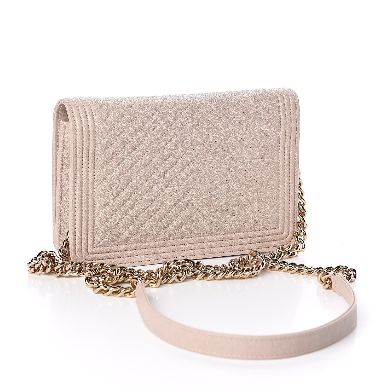 Chanel Caviar Chevron Quilted Boy Wallet On Chain WOC Light Beige 3 of 12