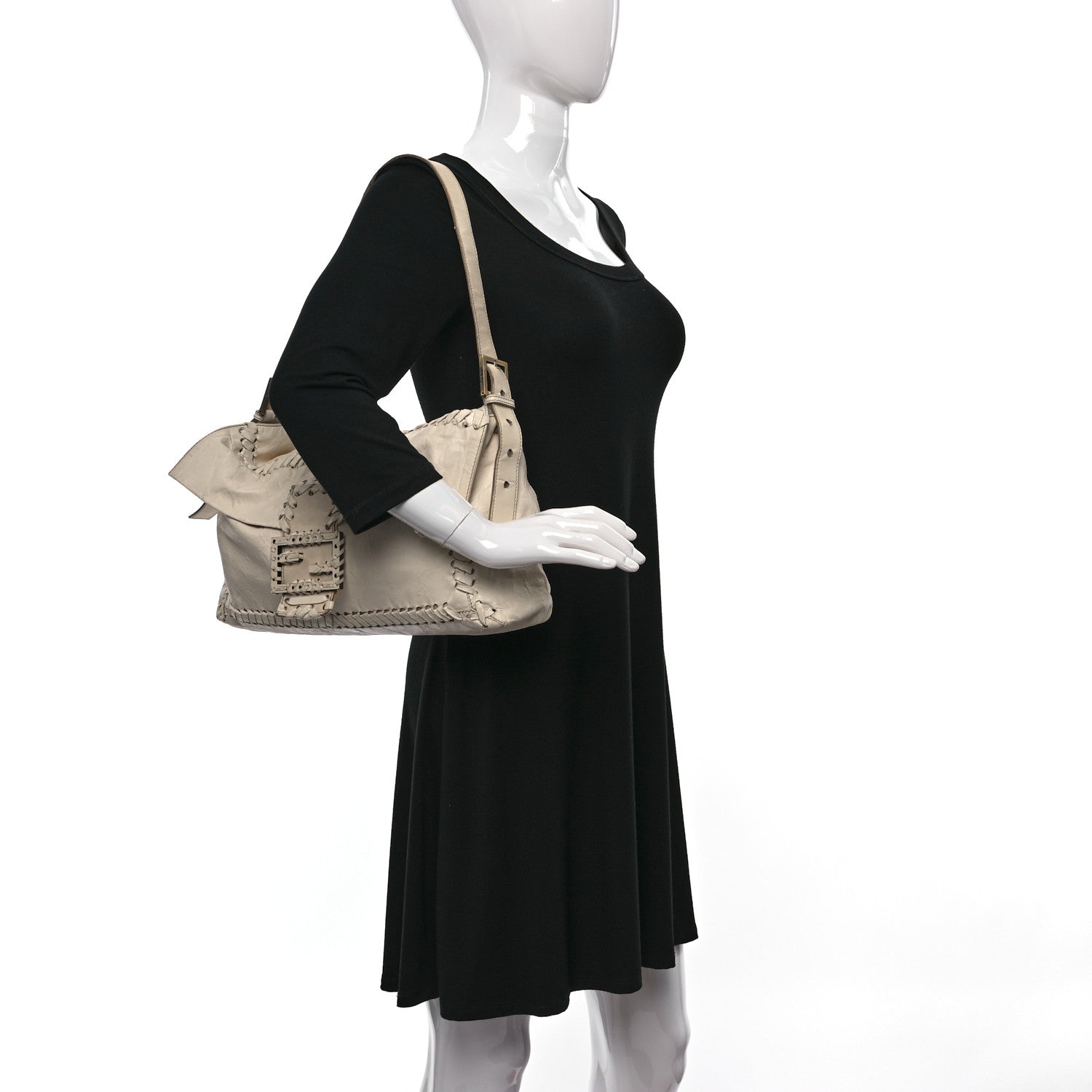 Fendi Goatskin Whipstitch Large Convertible Baguette White 2 of 9