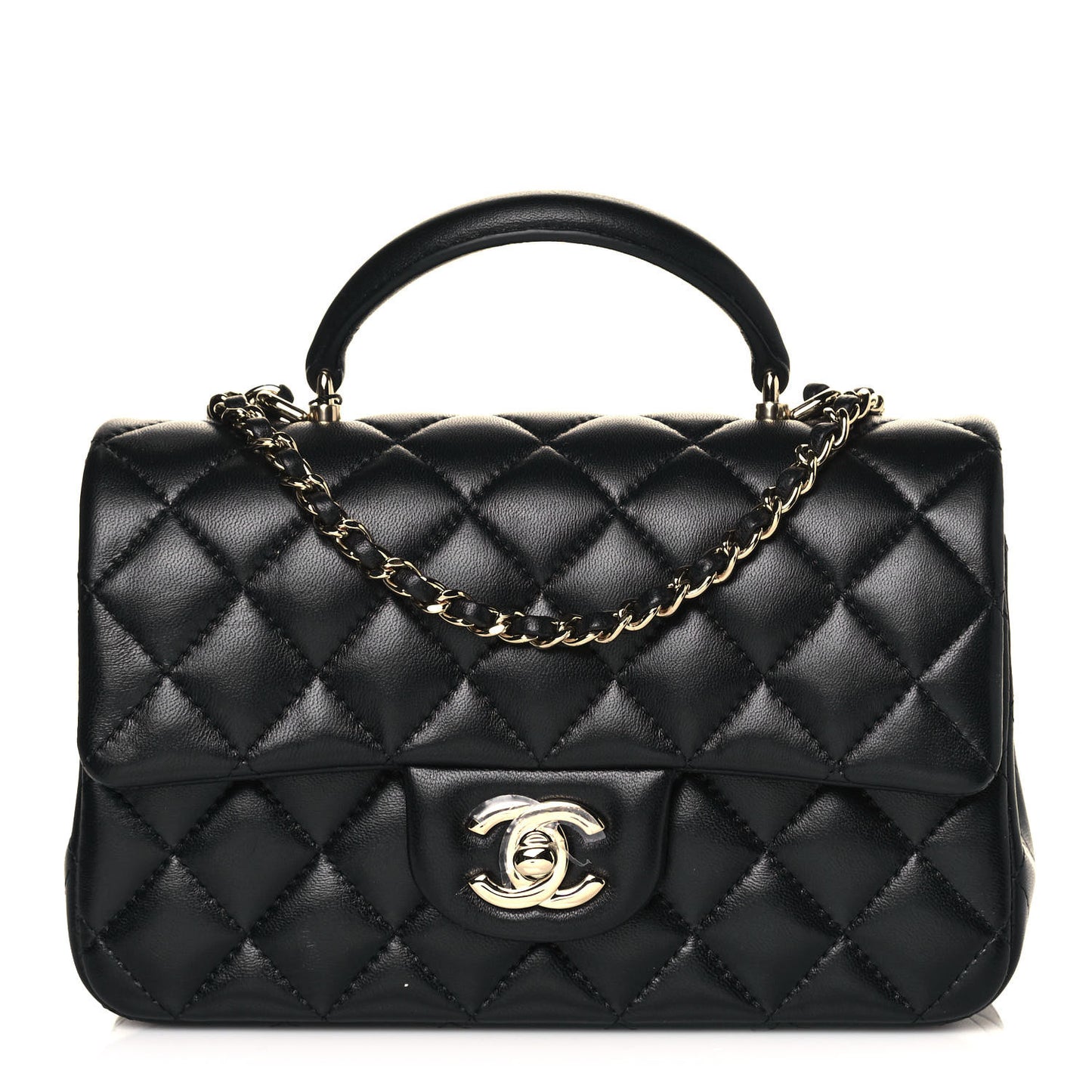 Lambskin Quilted Mini Top Handle Rectangular Flap Black