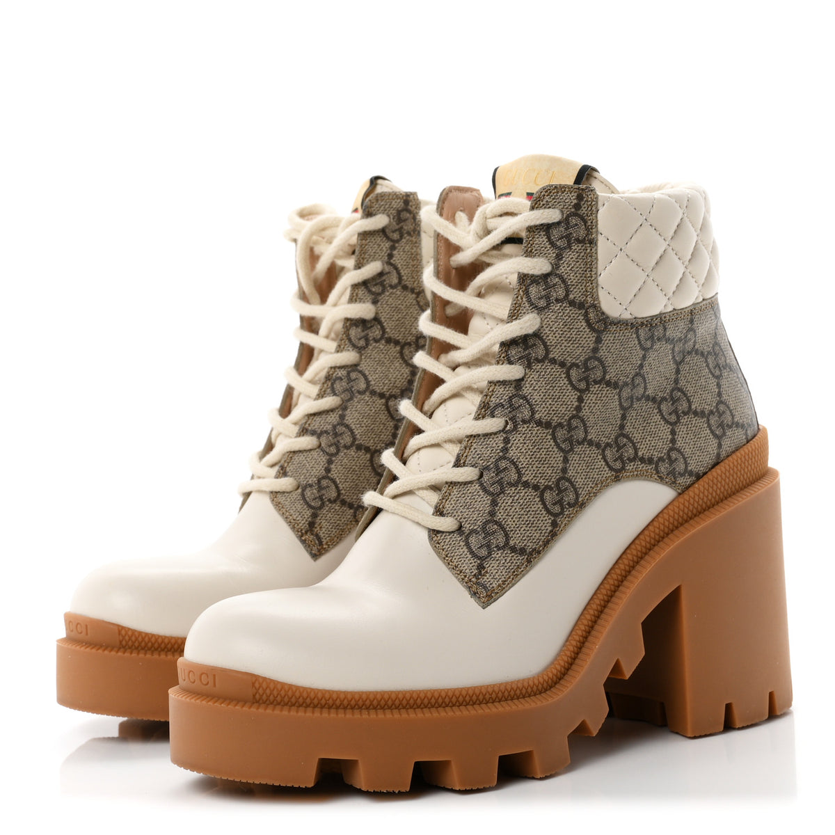 Gucci Calfskin GG Supreme Monogram Nappa Quilted Lace Up Ankle Boots 36.5 Mystic White Beige 4 of 9
