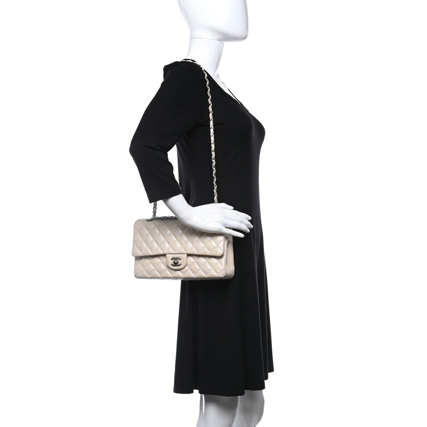 Iridescent Caviar Quilted Medium Double Flap Dark Beige