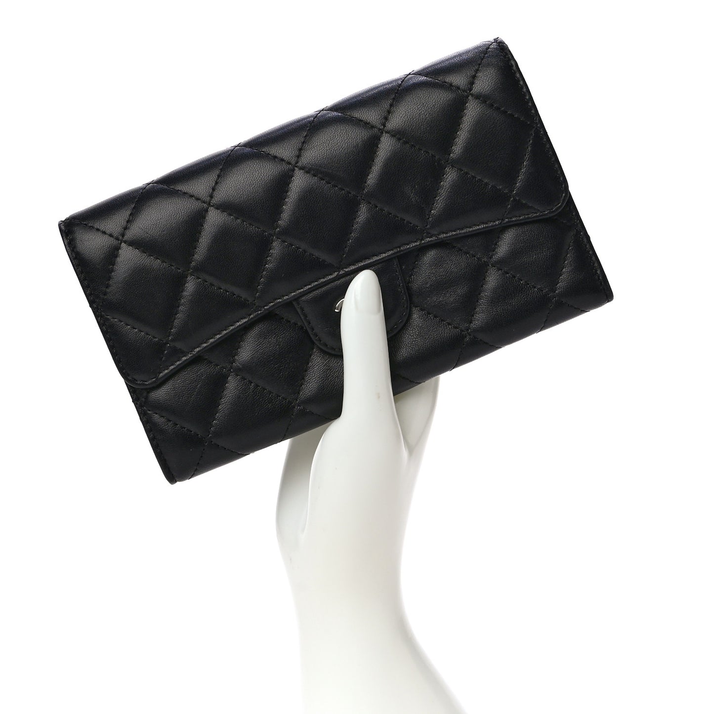 Lambskin Quilted Large Gusset Flap Wallet Black