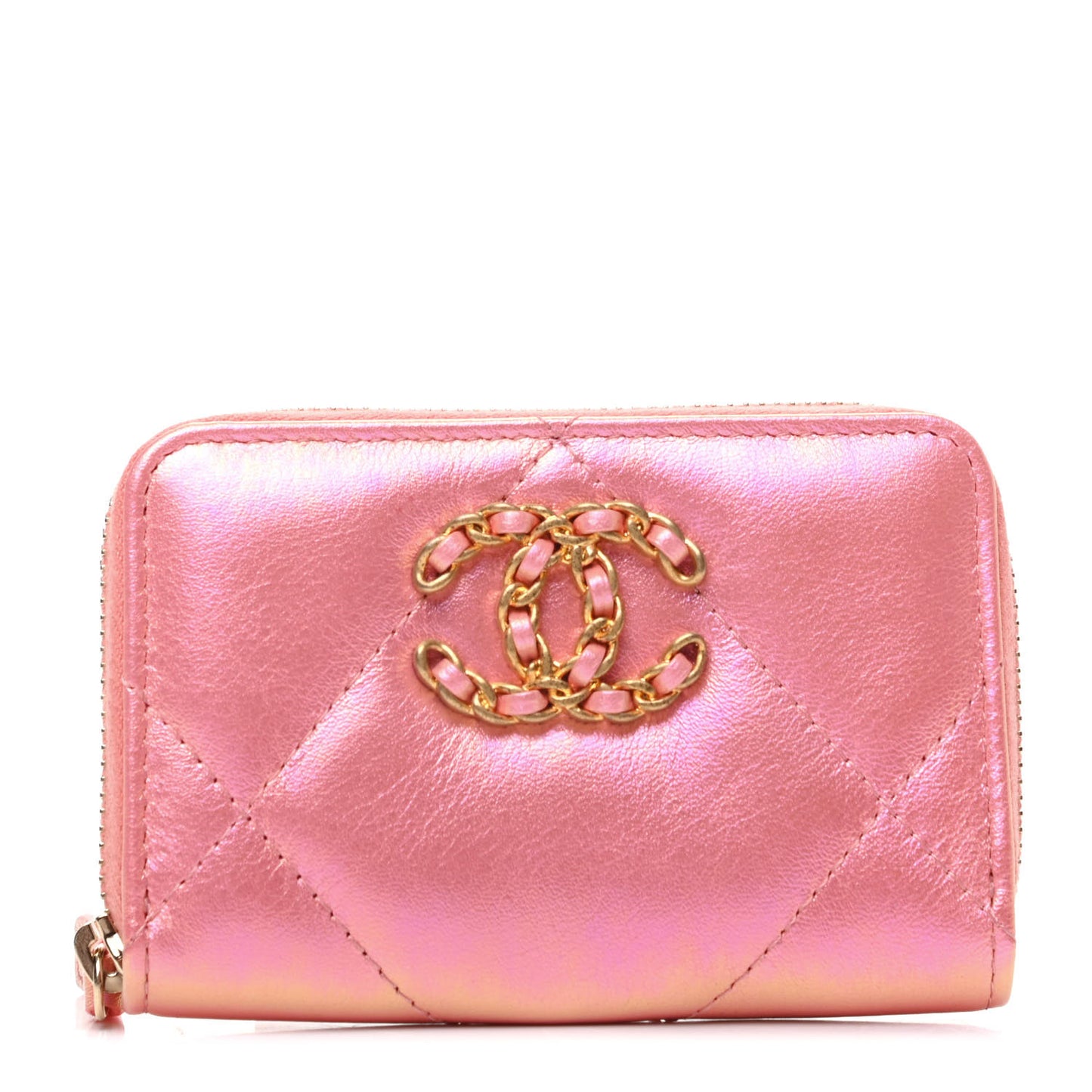 Iridescent Calfskin Quilted Chanel 19 Zip Around Coin Purse Wallet Pink