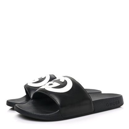 Gucci Nappa Miro Soft Calfskin Womens Interlocking G Slide Sandals 37 Black White 3 of 7