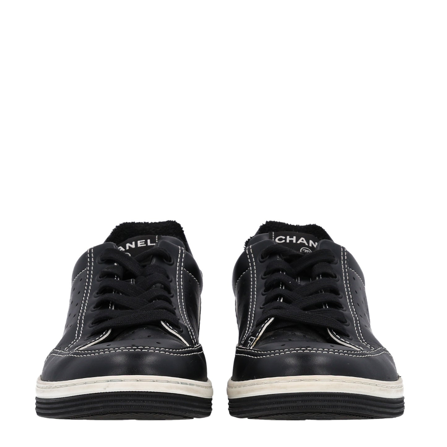 Calfskin Womens Logo Sneakers 38 Black White