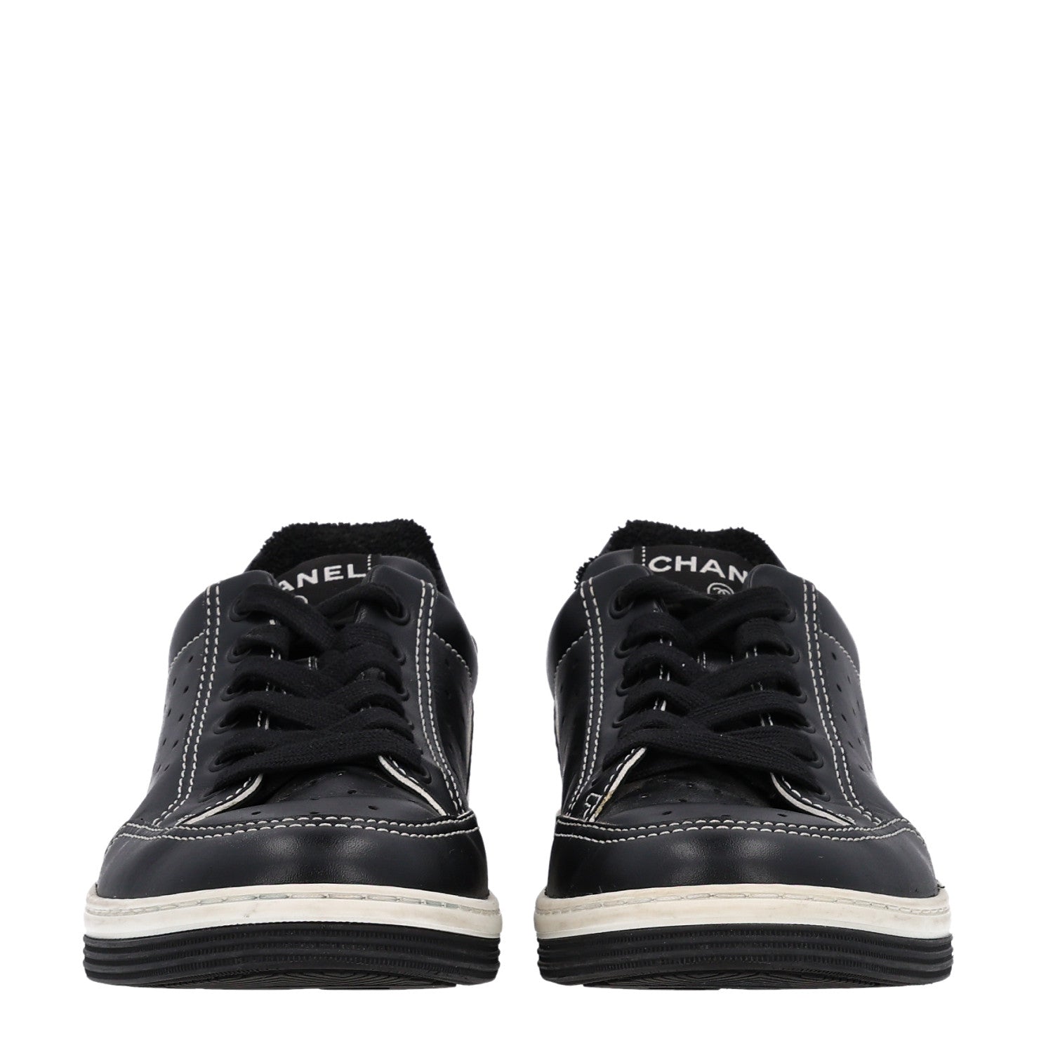 Chanel Calfskin Womens Logo Sneakers 38 Black White 3 of 11