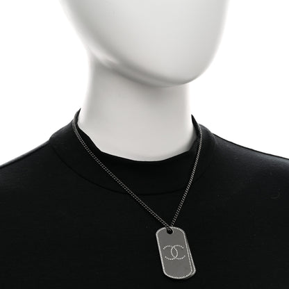 Chanel Metal Crystal Ruthenium Dog Tag Charm Necklace Black 2 of 6
