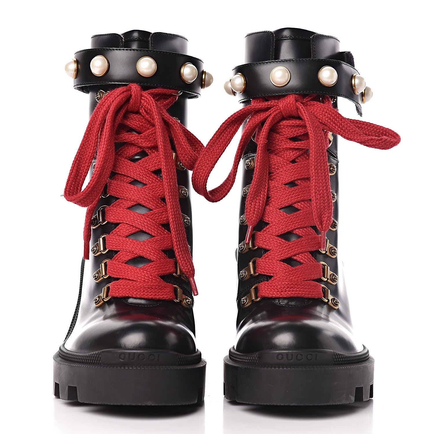 Gucci Magnum Calfskin Pearl Lace Up Combat Ankle Boots 38.5 Black 2 of 12