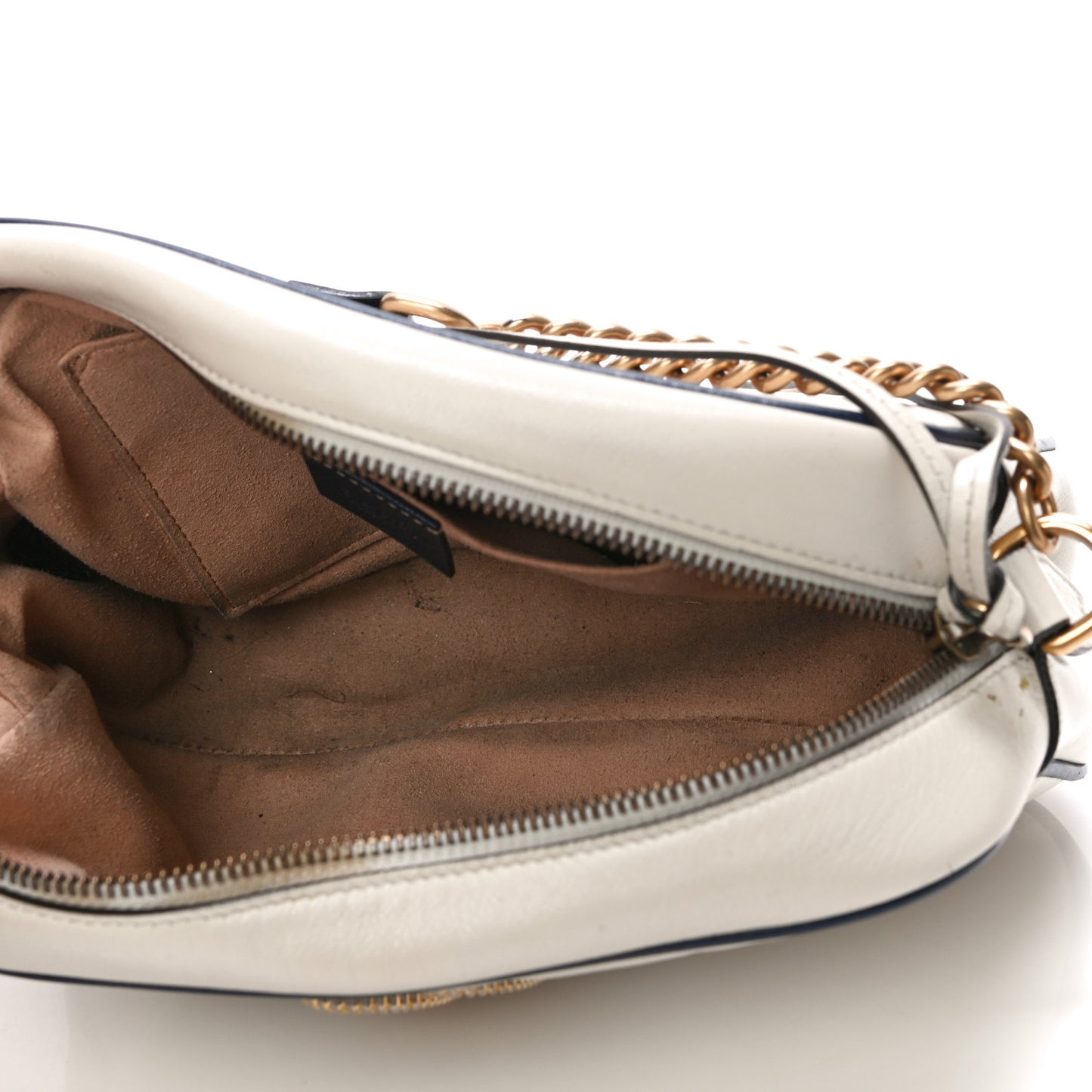 Vintage Effect Calfskin Matelasse Diagonal Small Torchon GG Marmont Chain Shoulder Bag Mystic White Blue Agata