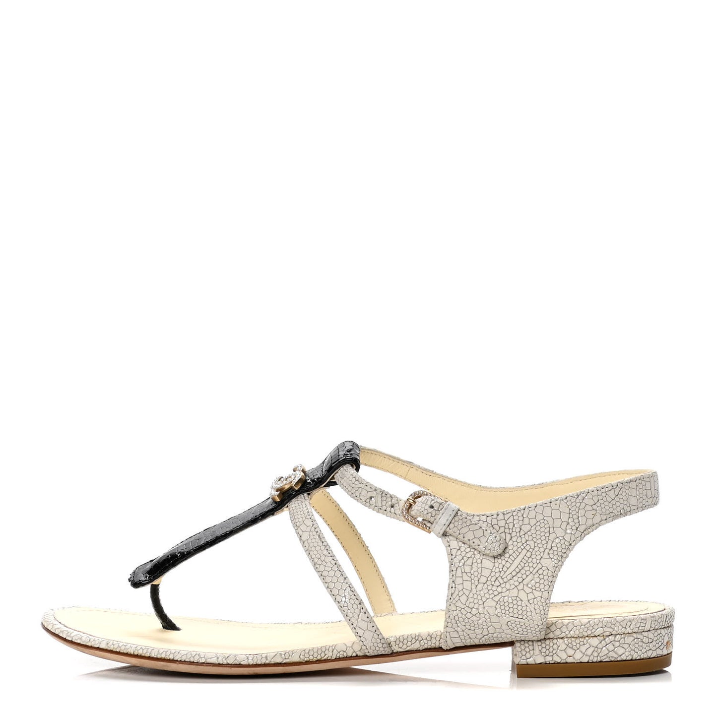 Crackled Calfskin CC Thong Sandals 37 White Black