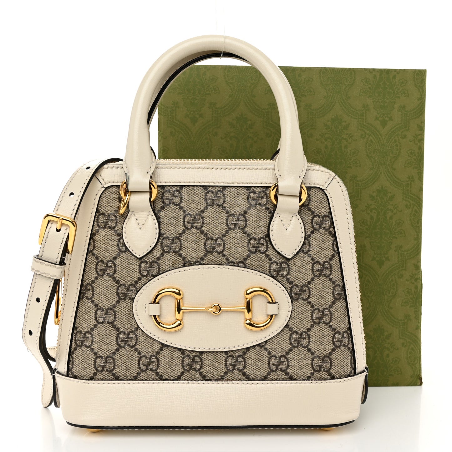 GG Supreme Monogram Azalea Calfskin Mini Horsebit 1955 Top Handle Bag Beige Ebony Mystic White
