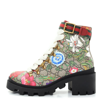 Gucci GG Supreme Monogram Flora Lace Up Combat Ankle Boots 36.5 Beige Multicolor Red 1 of 11