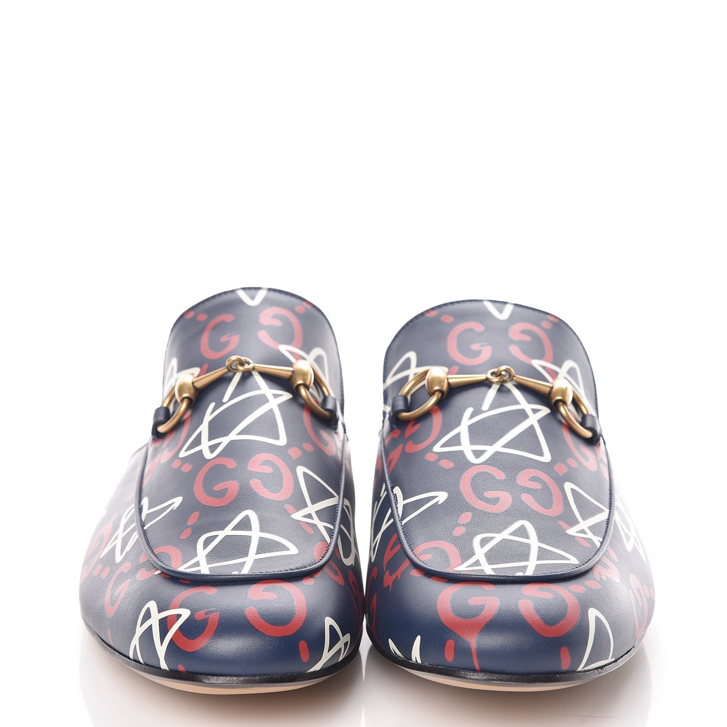 Gucci Calfskin GucciGhost Print Mens Princetown Slippers 12 Blue Agata Hibiscus Red 2 of 8