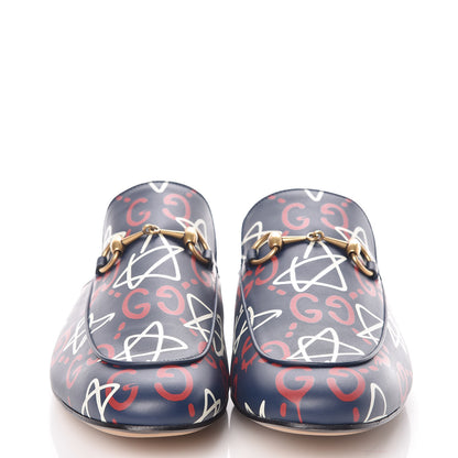 Gucci Calfskin GucciGhost Print Mens Princetown Slippers 12 Blue Agata Hibiscus Red 2 of 8