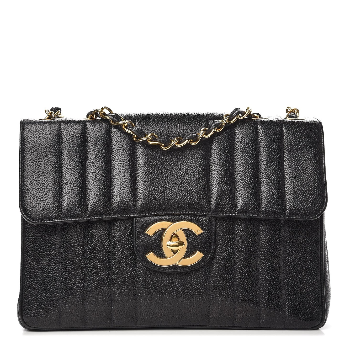 Caviar Vertical Quilted Jumbo Flap Black