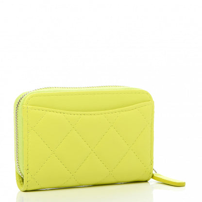 Chanel Lambskin Quilted Zip Coin Purse Wallet Neon Yellow 2 of 8