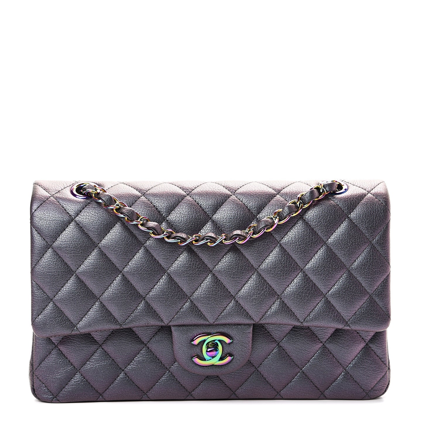 Iridescent Goatskin Quilted Medium Double Flap Purple