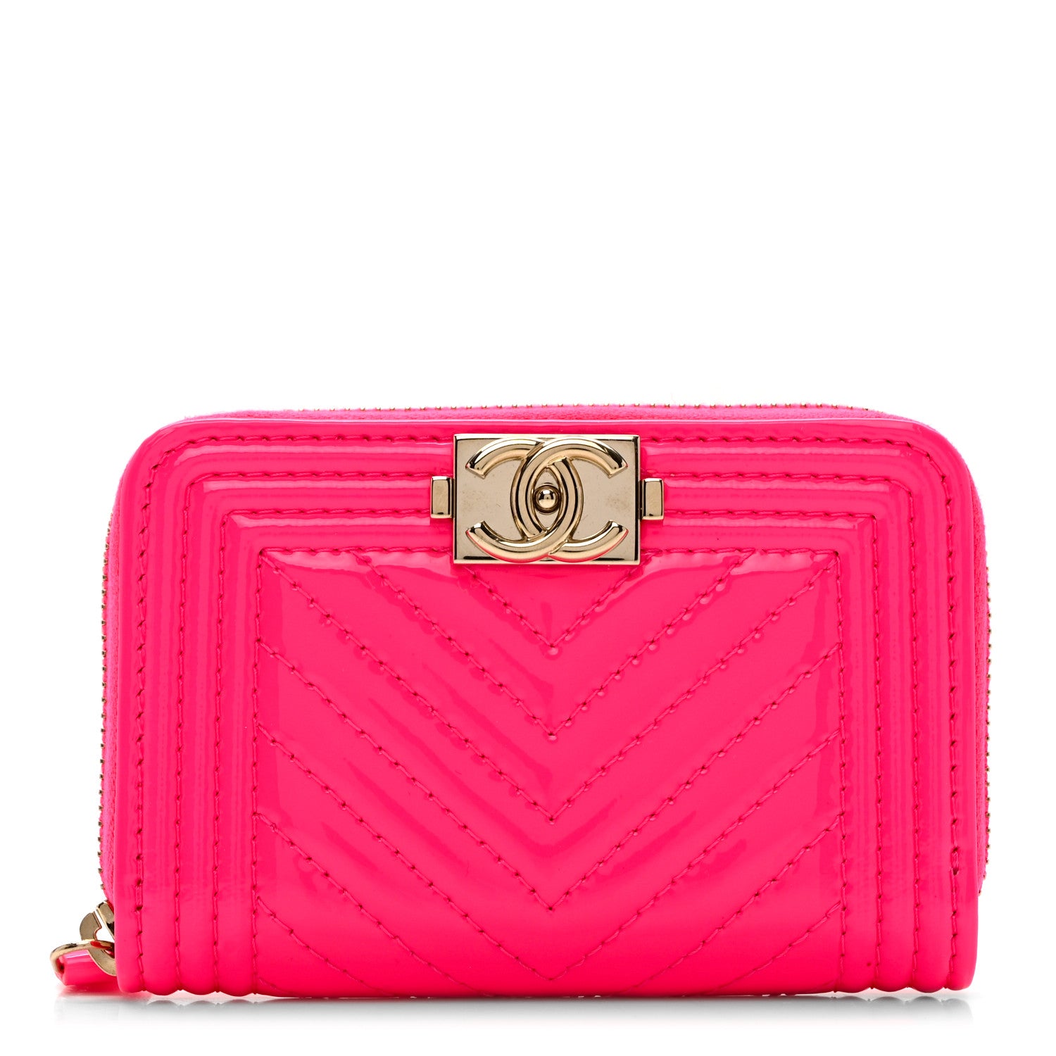 Chanel Patent Chevron Quilted Zip Around Boy Coin Purse Wallet Neon Pink 1 of 7