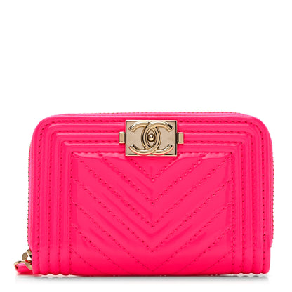 Chanel Patent Chevron Quilted Zip Around Boy Coin Purse Wallet Neon Pink 1 of 7