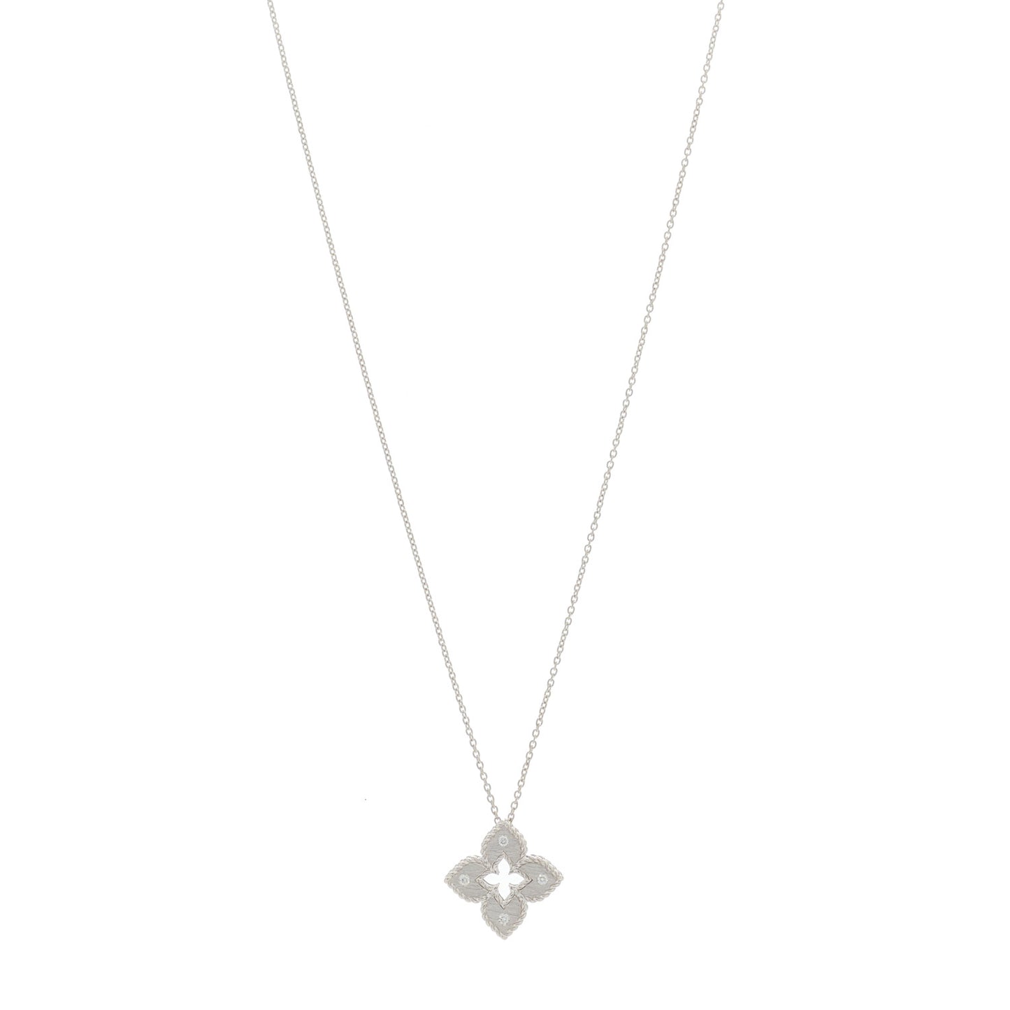 18K White Gold Diamond Petite Venetian Princess Flower Pendant Necklace