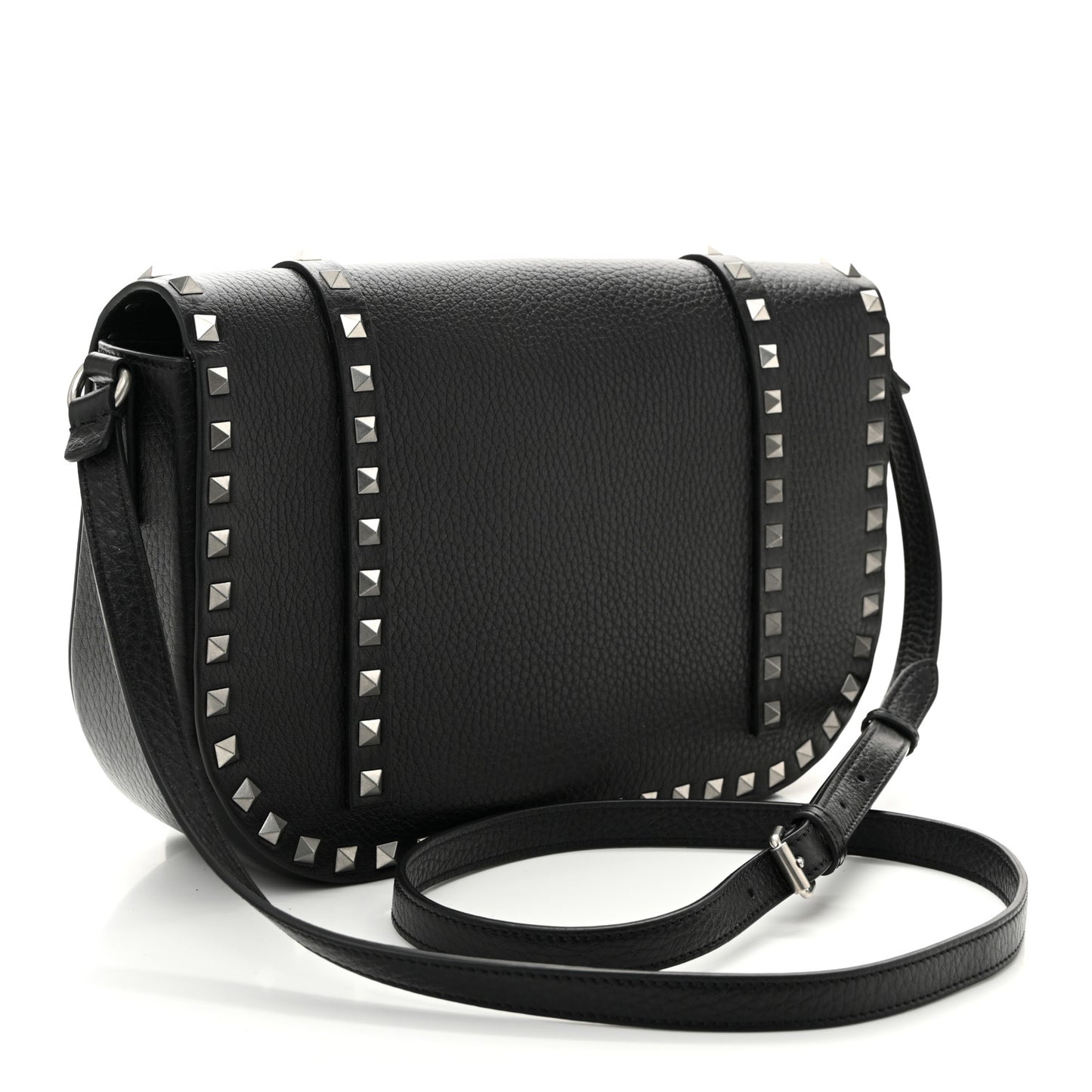 Pebbled Calfskin Large Rockstud Messenger Black