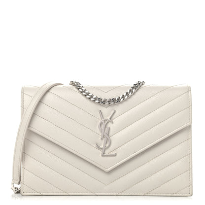 Saint Laurent Grain De Poudre Matelasse Chevron Monogram Envelope Chain Wallet Optical White 1 of 4