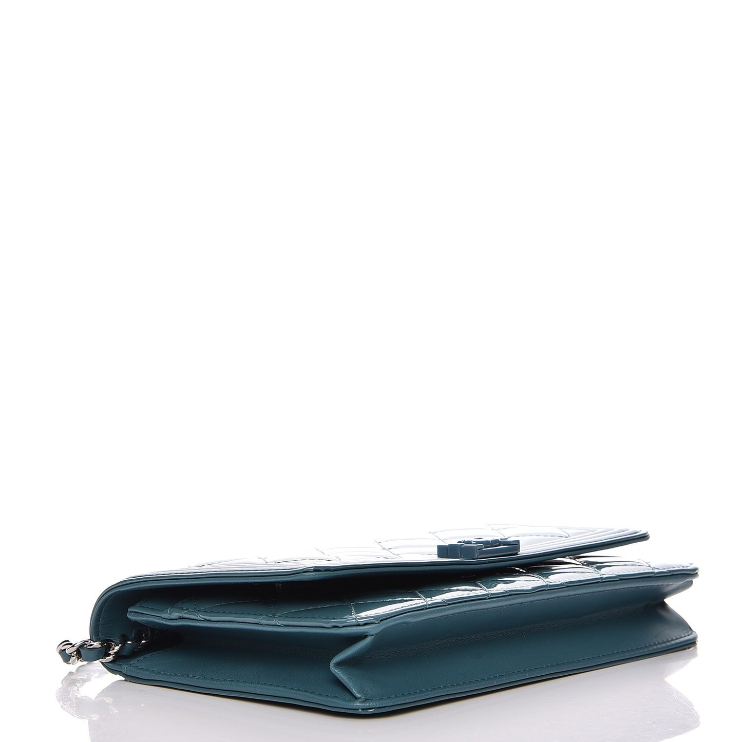 Patent Calfskin Quilted Boy Wallet On Chain WOC Peacock Blue