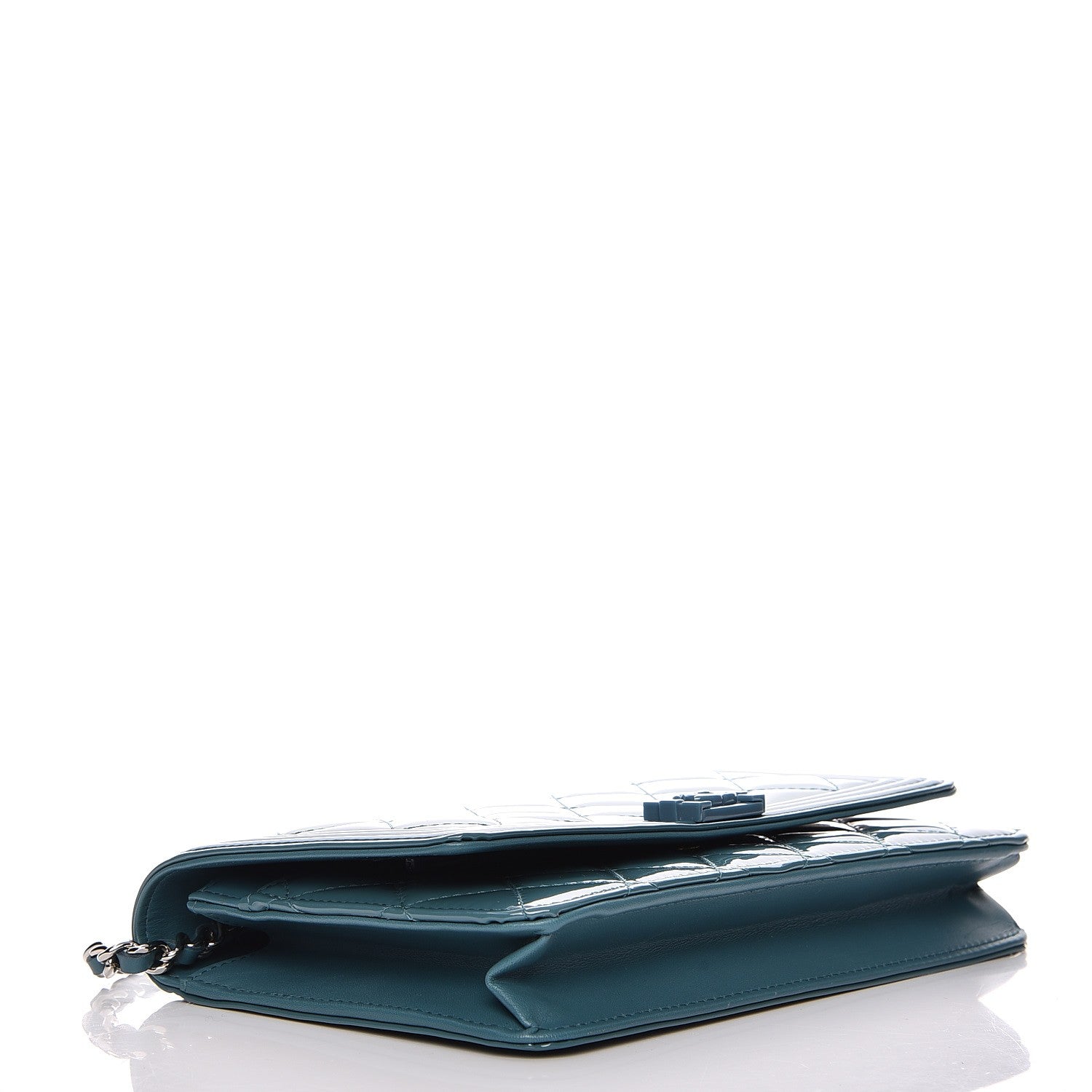 Chanel Patent Calfskin Quilted Boy Wallet On Chain WOC Peacock Blue 4 of 9
