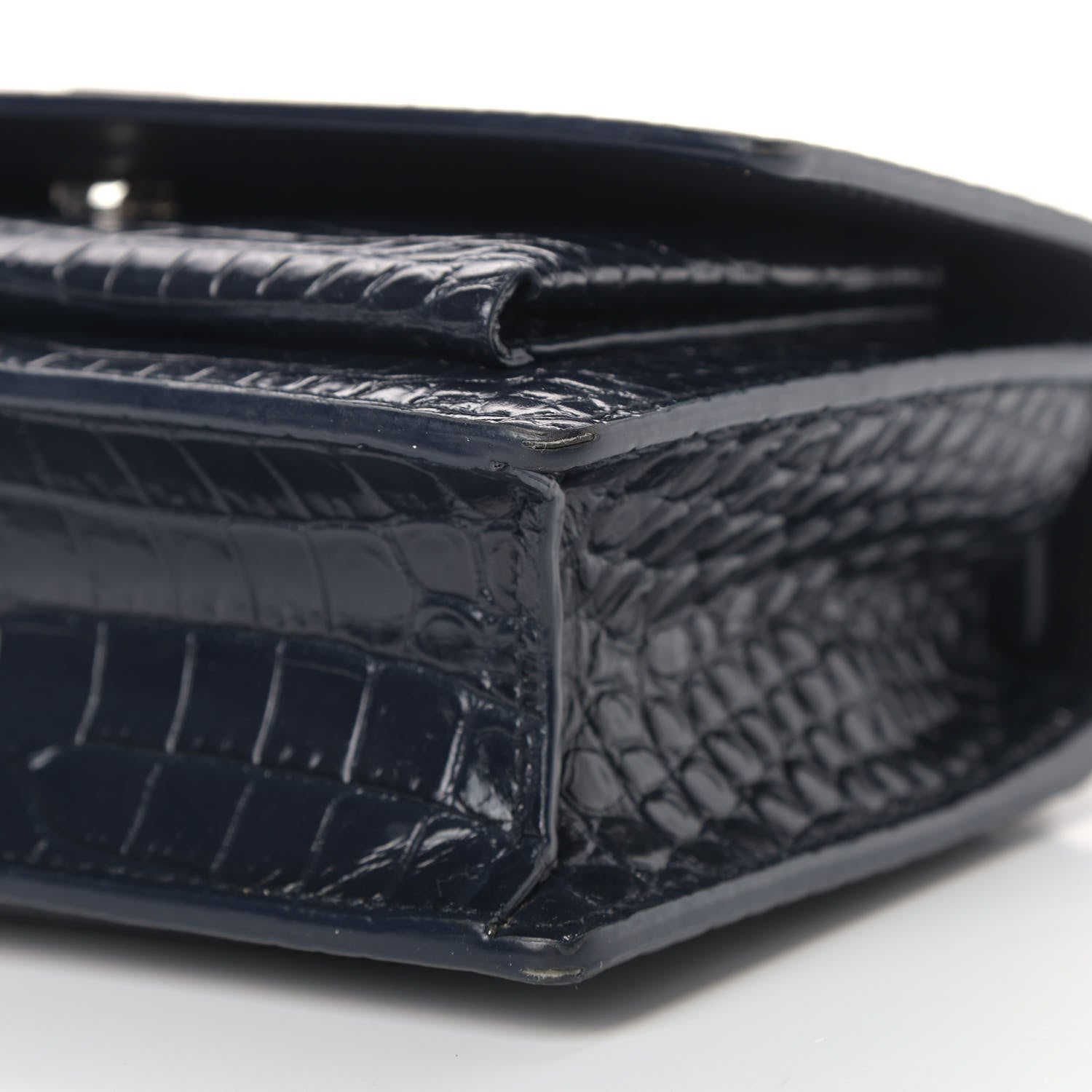 Saint Laurent Calfskin Crocodile Embossed Monogram Sunset Chain Wallet Navy 6 of 13