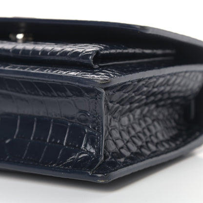 Saint Laurent Calfskin Crocodile Embossed Monogram Sunset Chain Wallet Navy 6 of 13