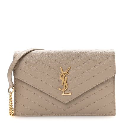 Saint Laurent Grain De Poudre Matelasse Chevron Monogram Envelope Chain Wallet Dusty Grey 1 of 10