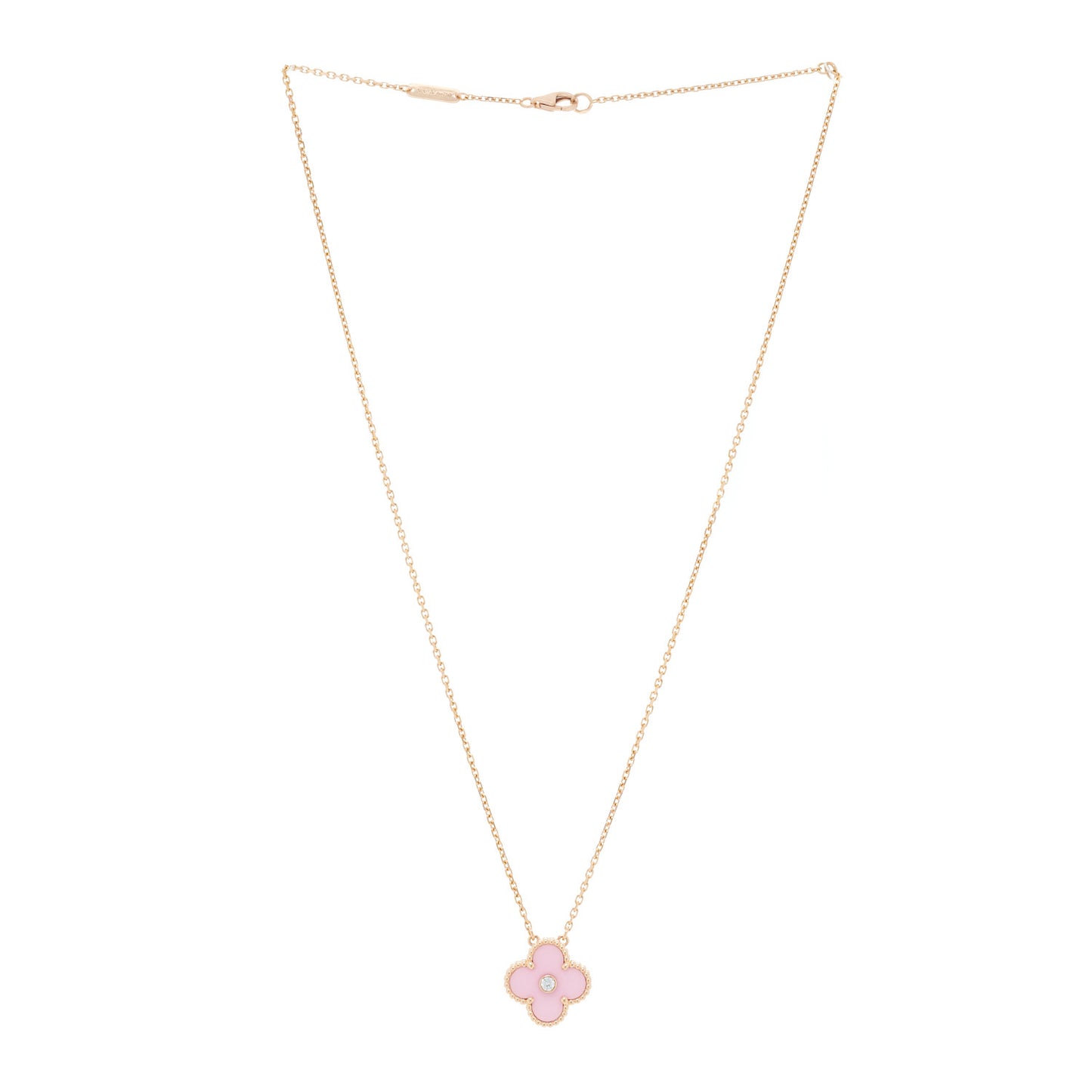 18K Rose Gold Diamond Pink Porcelain Vintage Alhambra Pendant Necklace